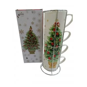 Komplet 4 kubków w stojaku choinka 330 ml